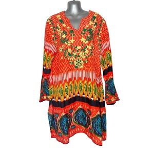 J. Peterman Womens Orange Ikat Embroidered Cotton Tunic Dress Large Boho Split V